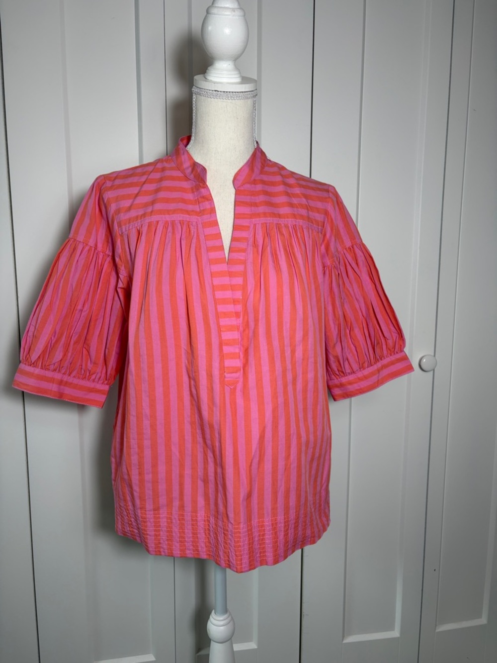 Anthropologie Women's Pink & Coral Striped Popover Blouse Medium
